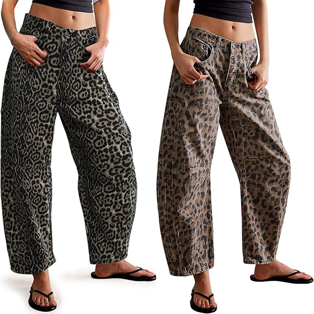 Damen weite Jeans mit auffälligem Leopardenmuster und hohem Bund WW