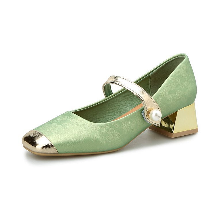 Damen Mary Jane Pumps mit glänzendem Blockabsatz und dekorativem Riemchen W&W