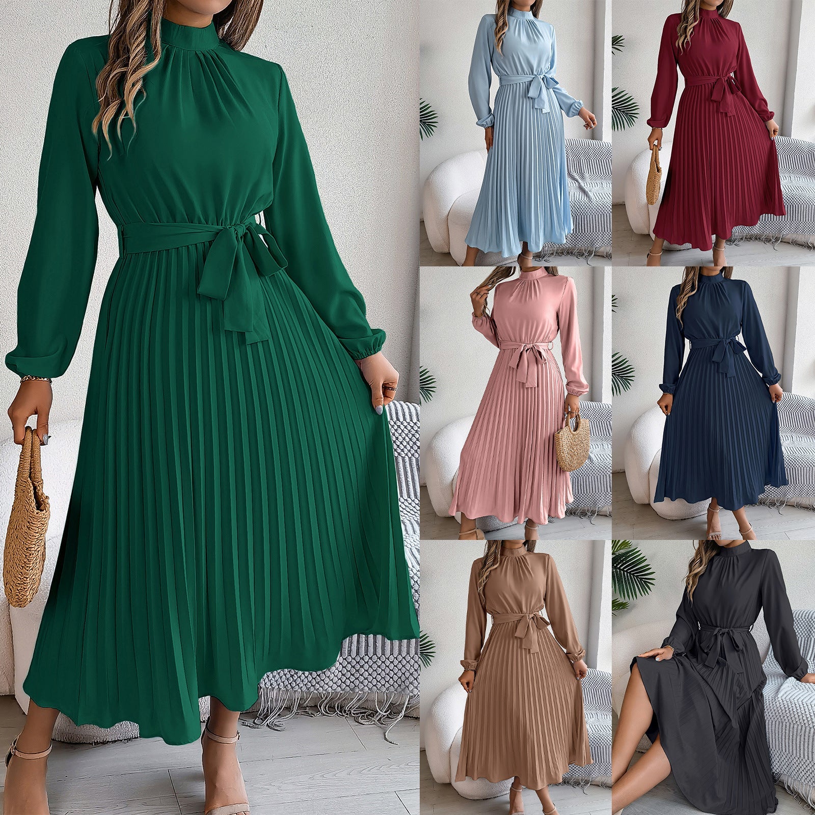 WW | Elegante Stehkragen Taillierter Plissierter Langer Rock kleines Kleid