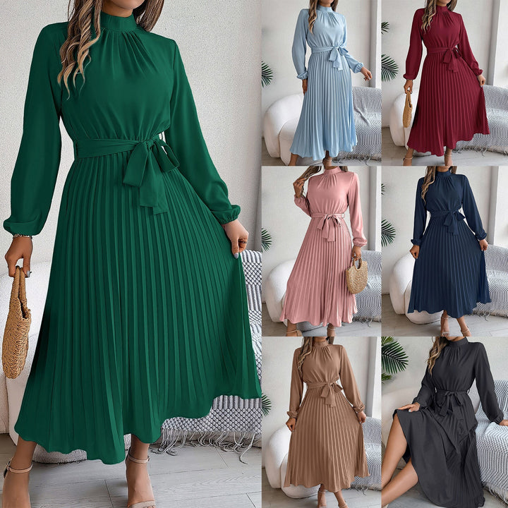 W&W Mode | Elegante Stehkragen Taillierter Plissierter Langer Rock kleines Kleid