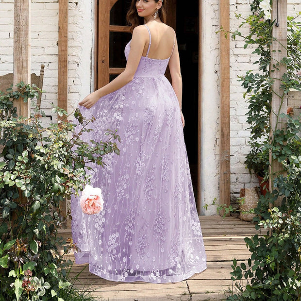 WW | V-Ausschnitt Träger Abendkleid Mesh Bestickter Rücken Freie Elegante Abendkleid Tanzkleid Festkleid Brautjungfernkleid