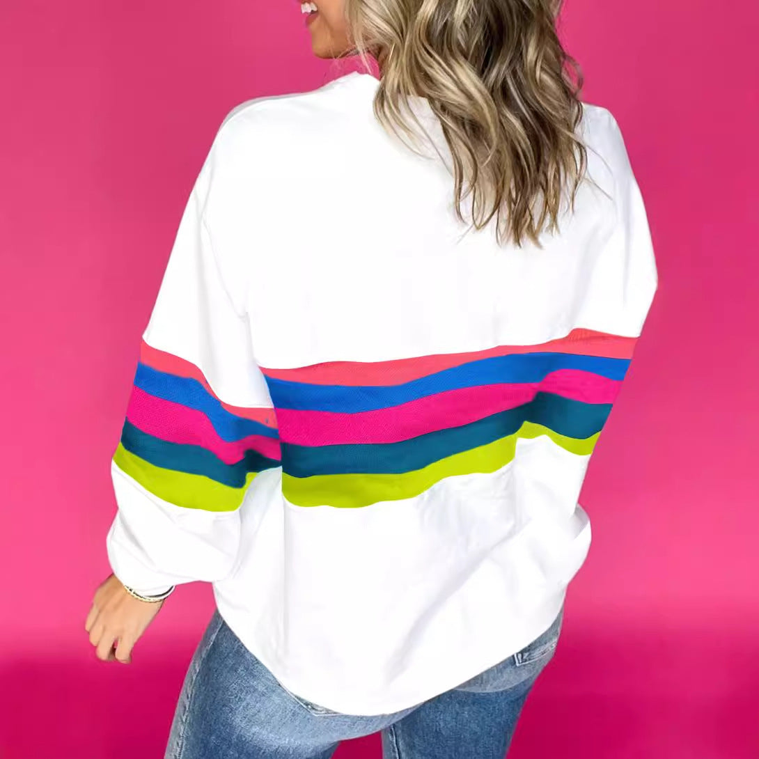 Damen lässiges Oversized-Sweatshirt mit bunten Streifen und tieferem Rundhalsausschnitt WW