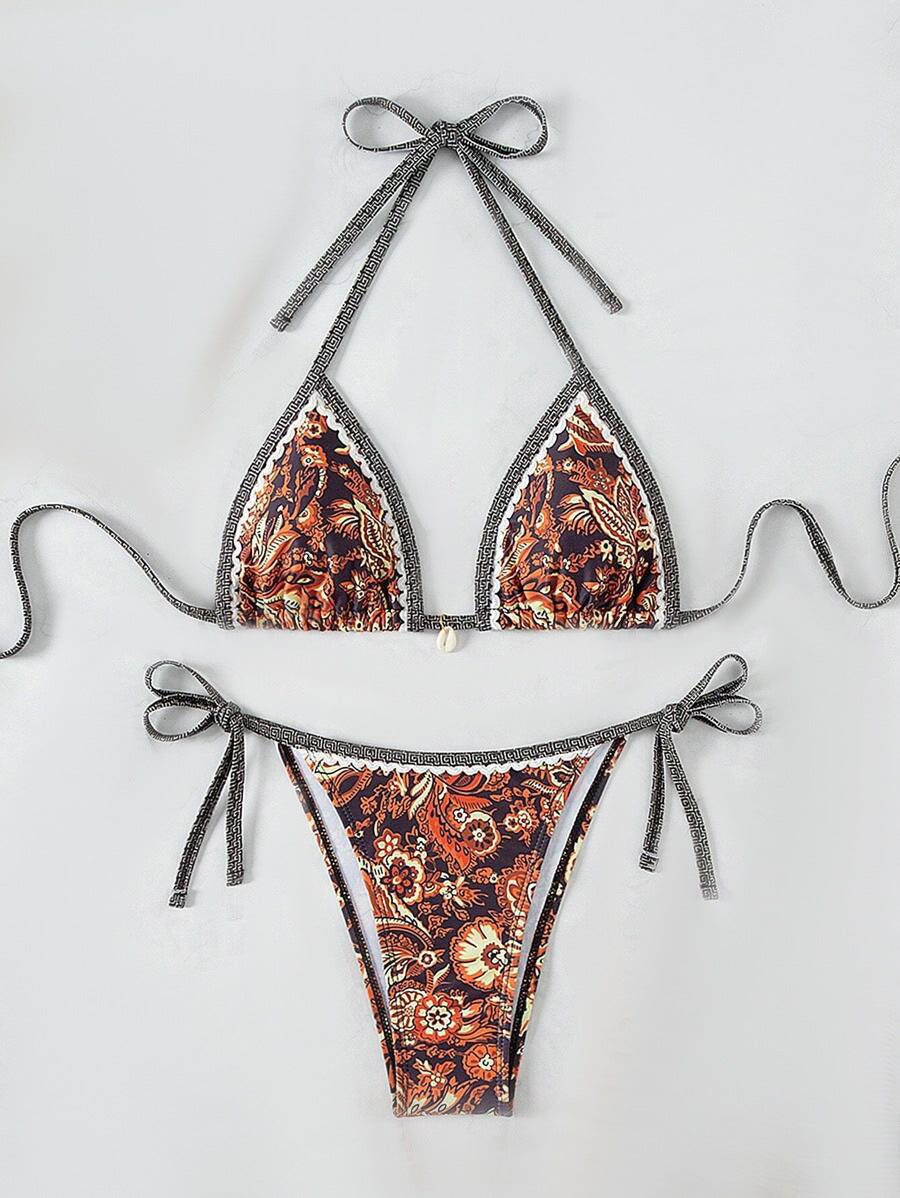Damen Triangel-Bikini-Set mit verspieltem Blumenmuster und verstellbaren Bindebändern WW