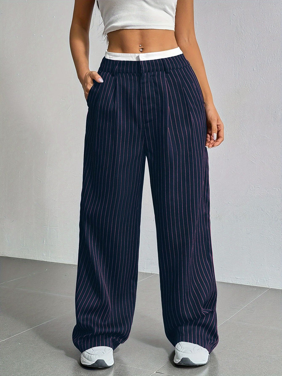 Damen Elegante Weite Hose mit Nadelstreifen und hohem Bund WW
