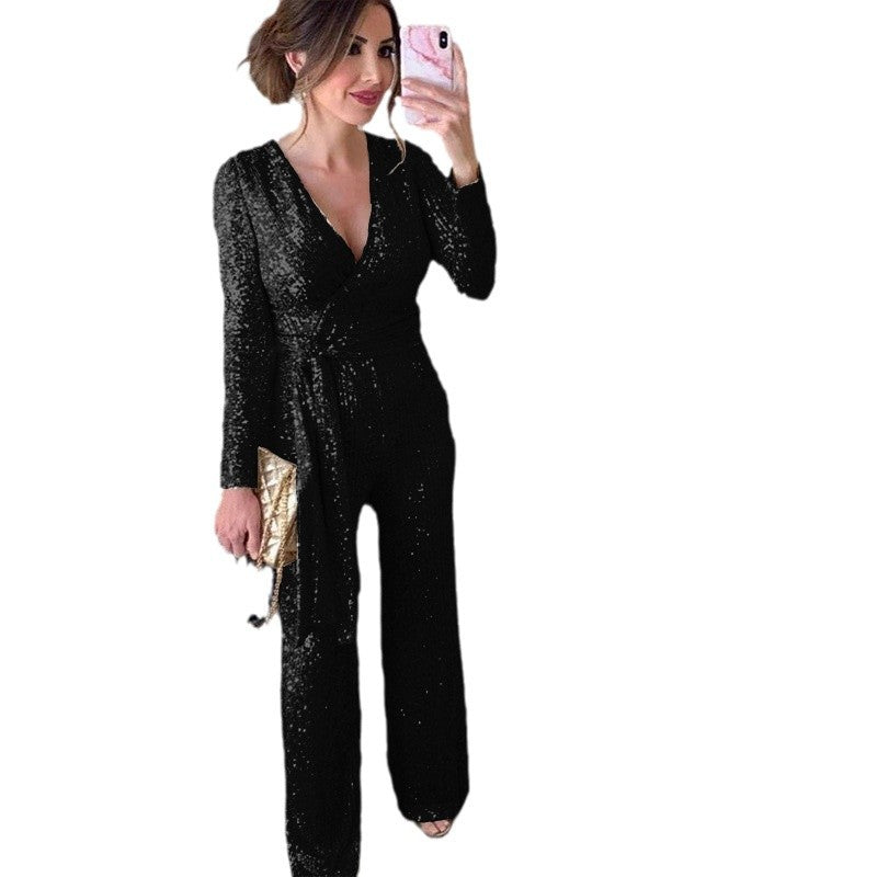Damen Glamouröser Jumpsuit mit funkelnden Pailletten und elegantem tiefen V-Ausschnitt WW