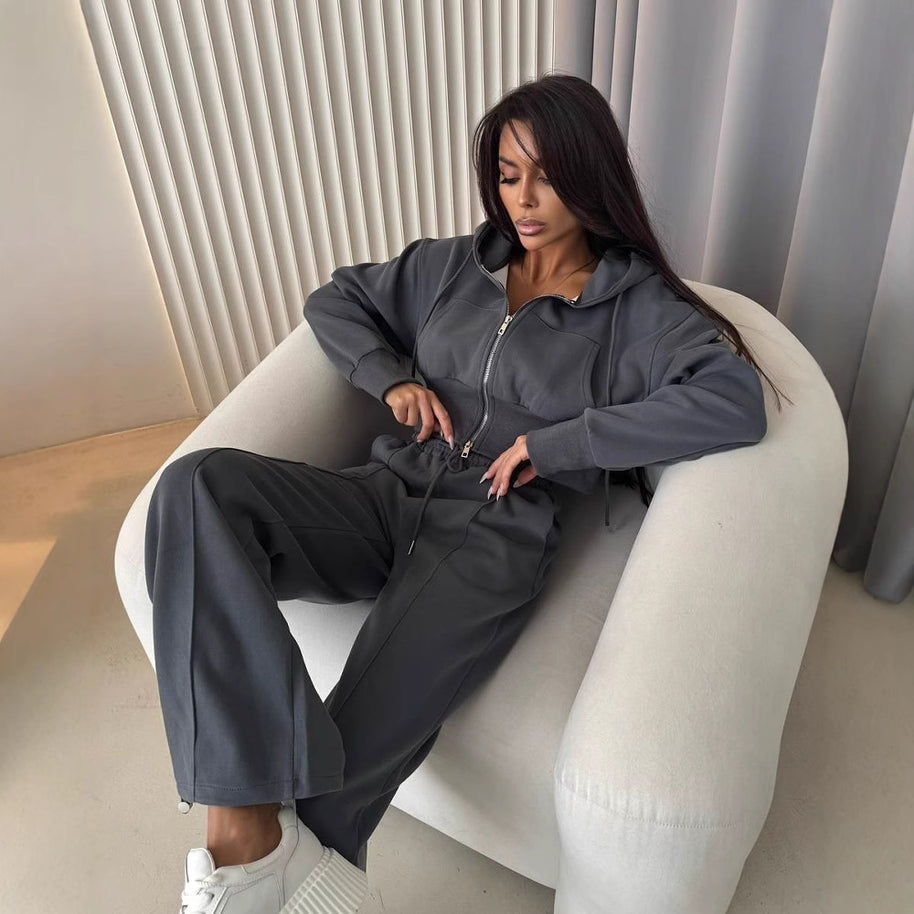 Damen sportliches Hoodie-Set mit weitem Schnitt und elastischem Bund WW