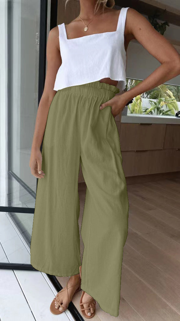 Damen Hochtaillierte Palazzo-Hose mit elastischem Bund und seitlichen Taschen WW