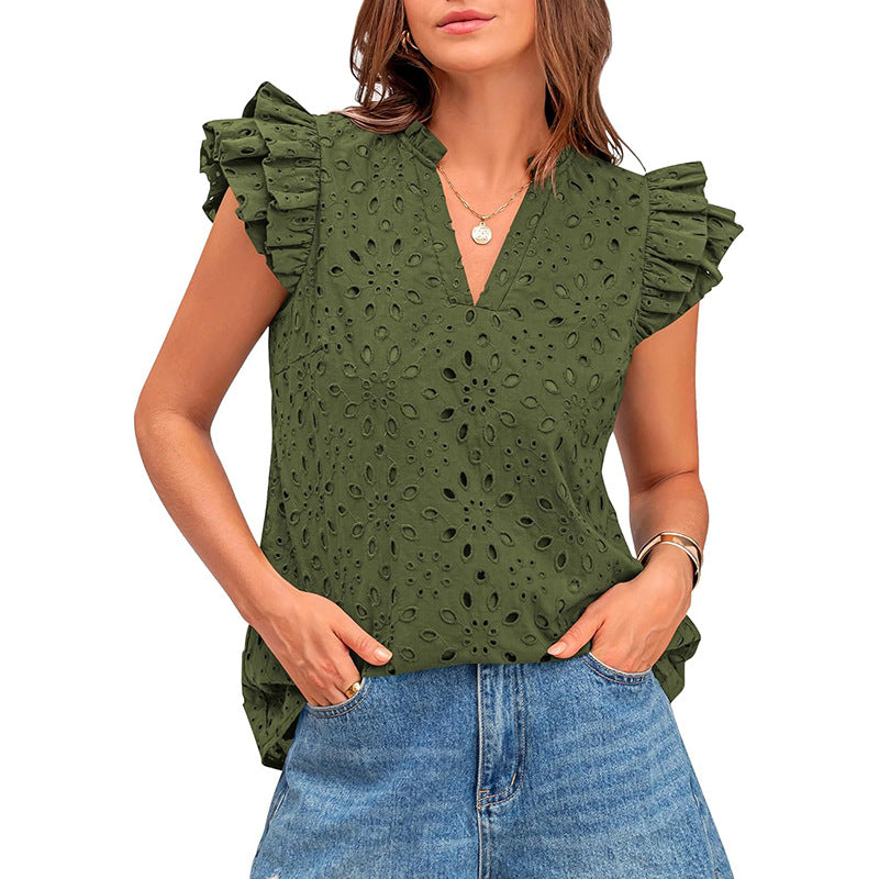 Damen Bluse mit Rüschenärmel und floralem Lochmuster WW