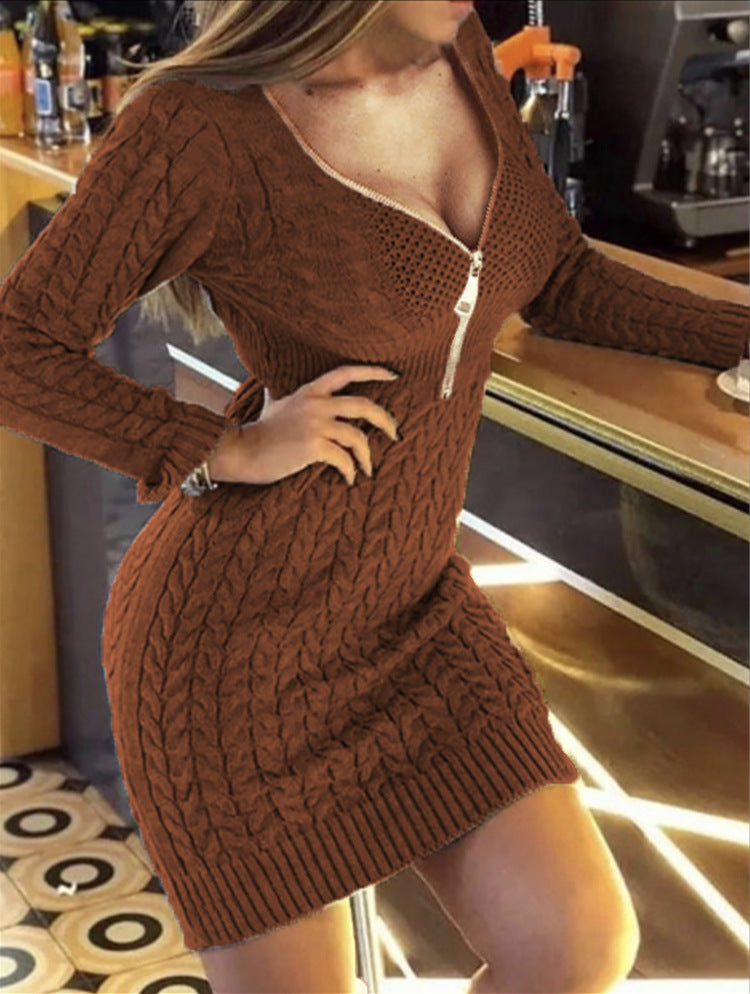 Damen Strickkleid mit engem Schnitt und dekorativer Reißverschlussdetails WW