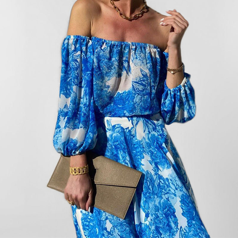 Damen Off-Shoulder Maxikleid mit floralem Druck und weitem Rock W&W Mode