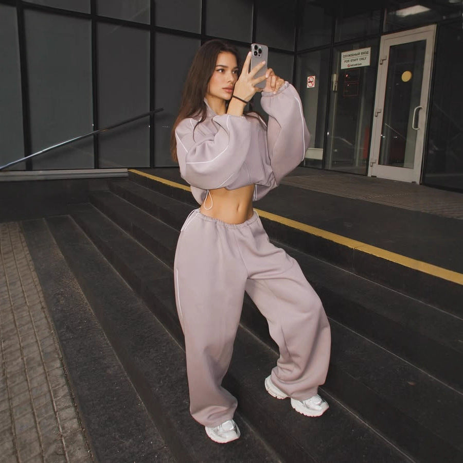 Damen sportliches Oversized Hoodie-Set mit hochschließendem Kragen und Gummizug WW