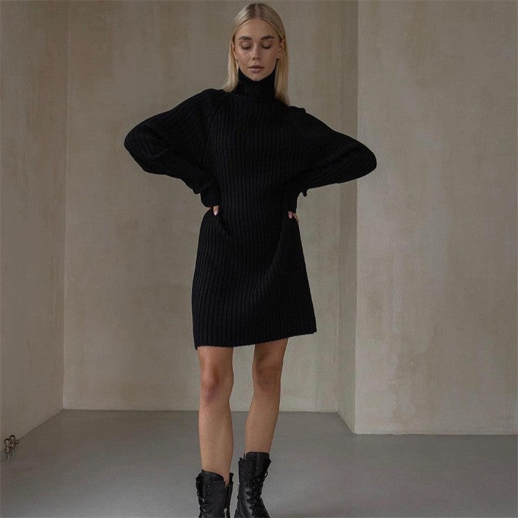 Damen Strickkleid mit hohem Kragen und großen Ärmeln WW