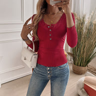 Damen Longsleeve Shirt mit Spitzenkragen und Knopfleiste WW