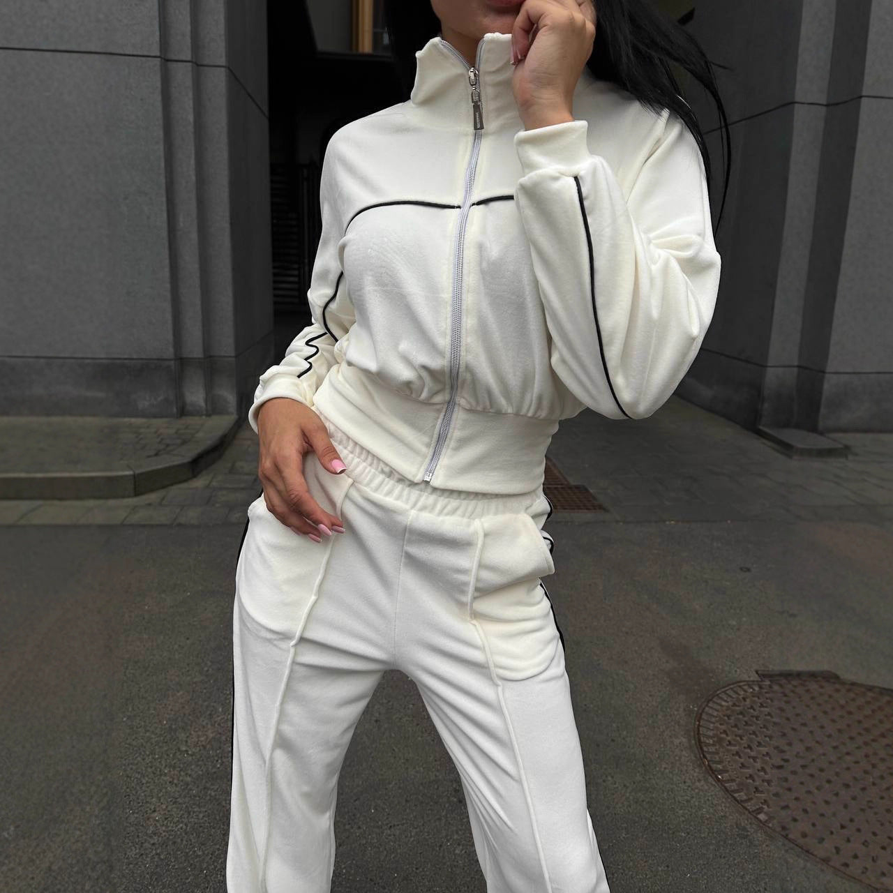 Damen Sportlicher Cropped Fleece-Trainingsanzug WW