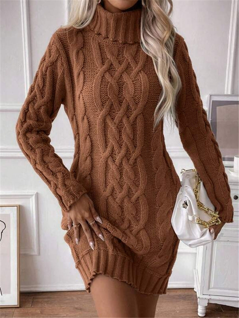 Damen Strickkleid mit hochgeschlossenem Kragen und Zopfmuster WW