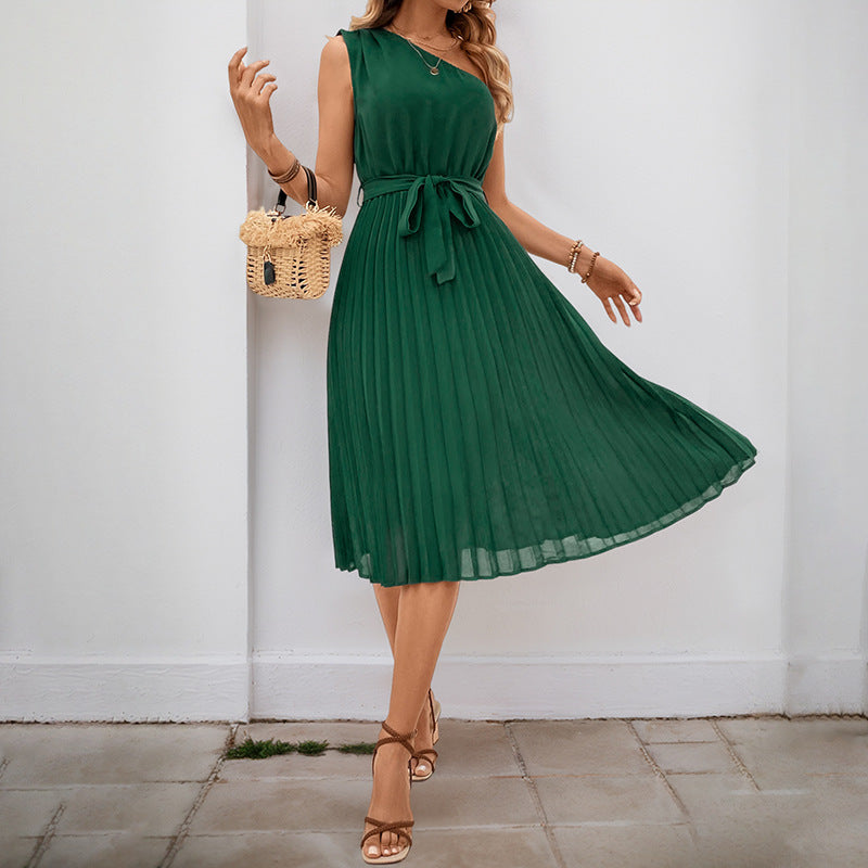Damen Plissee-Kleid mit Taillengürtel und elegantem V-Ausschnitt WW