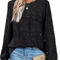 Damen Stilvolles Blusenshirt mit floralem Lochmuster und weiten Ärmeln WW