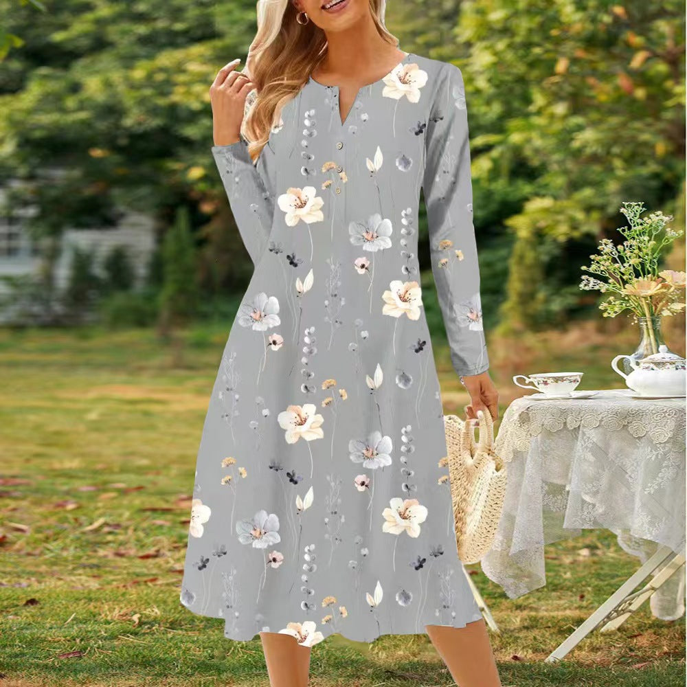 W&W Mode | Bedrucktes V-Ausschnitt Knopf Langarmkleid