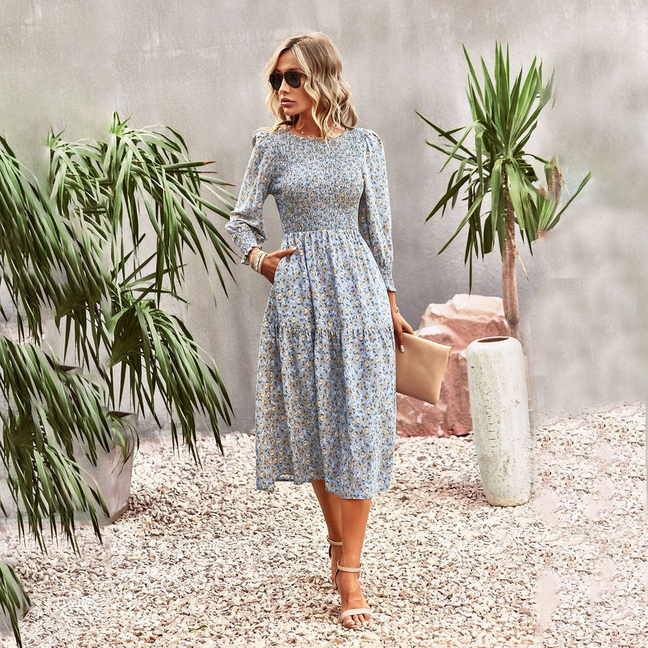 Damen florales Midi-Kleid mit geraffter Taille und langen Ärmeln WW