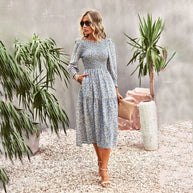 Damen florales Midi-Kleid mit geraffter Taille und langen Ärmeln WW