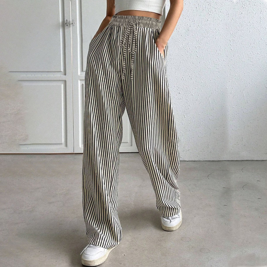 Damen weite gestreifte Stoffhose mit elastischem Bund und praktischen Taschen WW