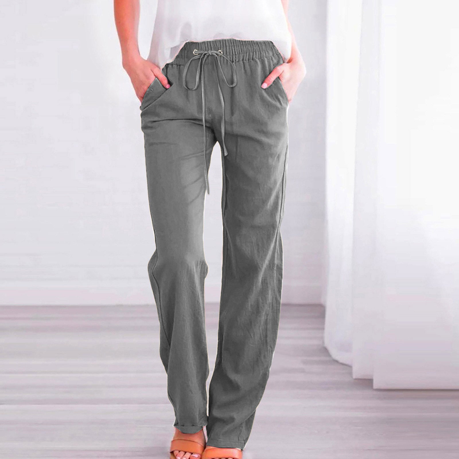 Damen Bequeme Leinen-Hose mit elastischem Bund und Taschen WW