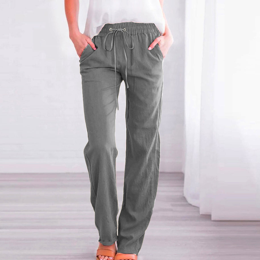 Damen Bequeme Leinen-Hose mit elastischem Bund und Taschen WW