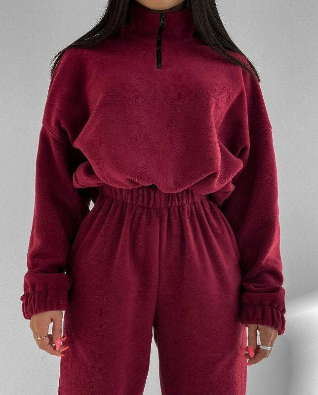 Damen bequeme Fleece-Loungejacke mit verkürztem Reißverschluss und elastischem Bund WW