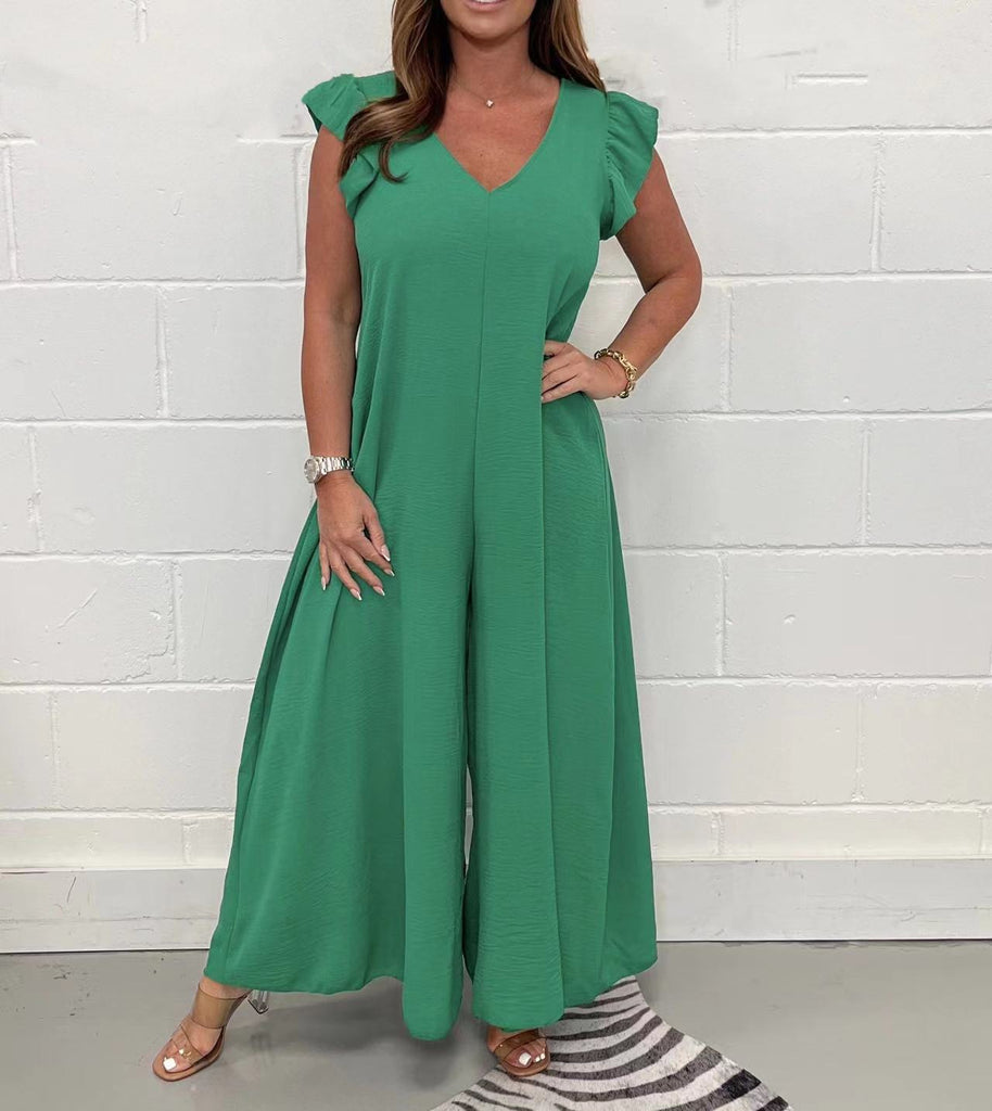 Damen eleganter Jumpsuit mit weit geschnittenen Beinen und V-Ausschnitt