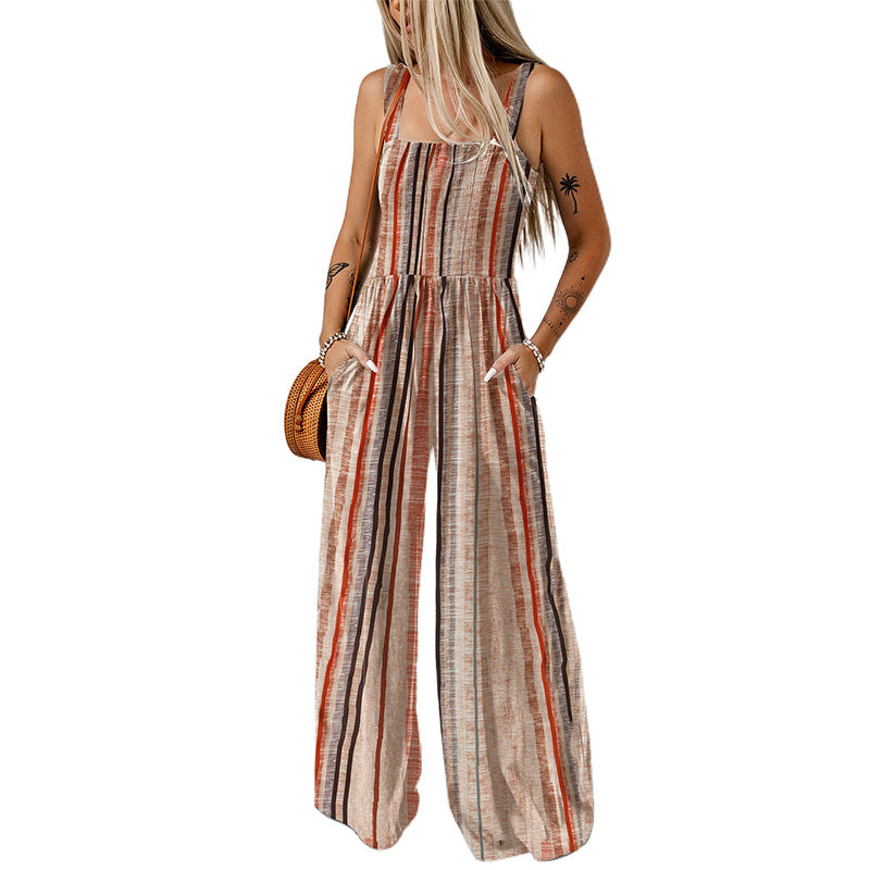 Damen weite Jumpsuit mit trendigem Streifenmuster und praktischen Taschen WW