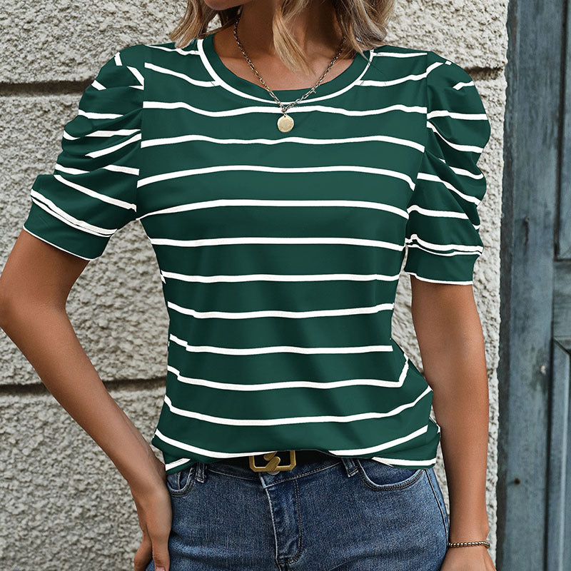 Damen T-Shirt mit dekorativen Puffärmeln und modernem Streifenmuster WW