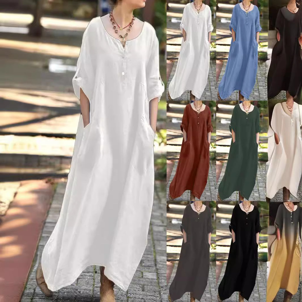 Damen Maxikleid aus atmungsaktiver Baumwolle mit Knopfleiste und praktischen Taschen WW