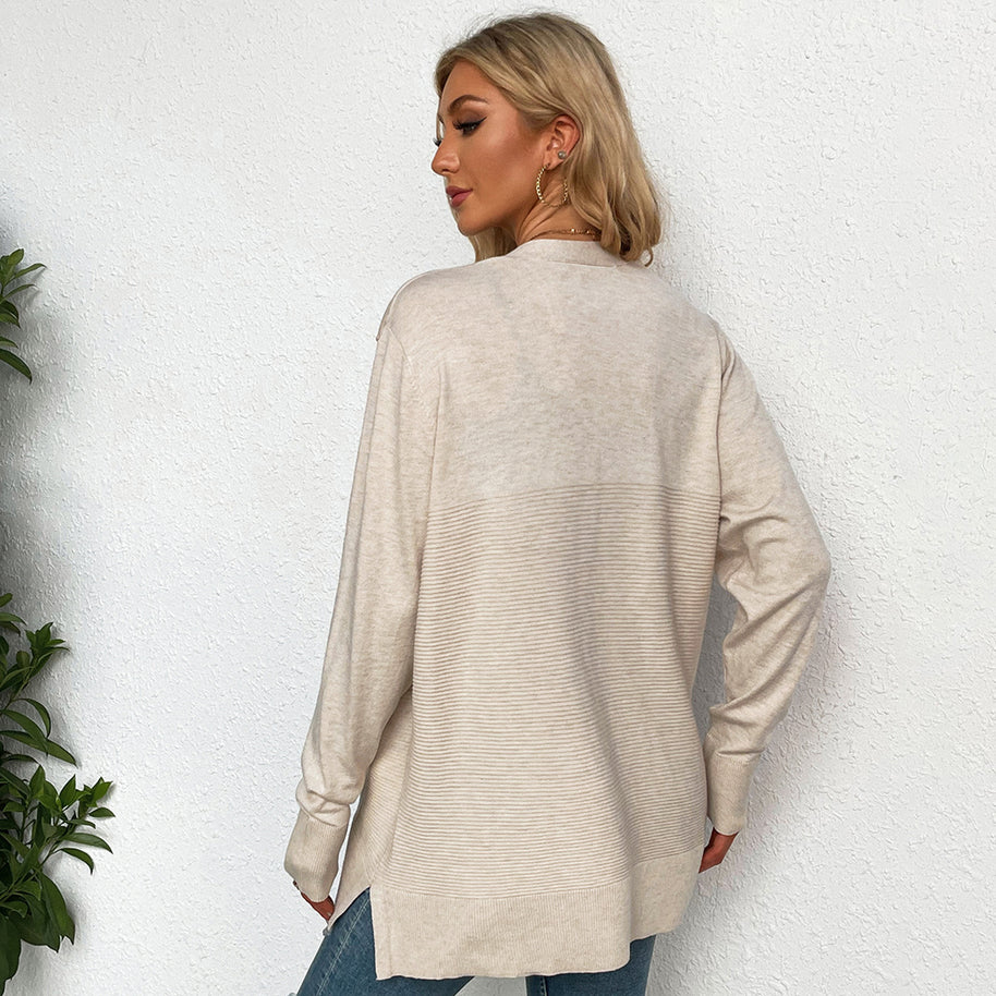 Damen lässiger Strickcardigan mit tiefem V-Ausschnitt und praktischen Taschen W&W