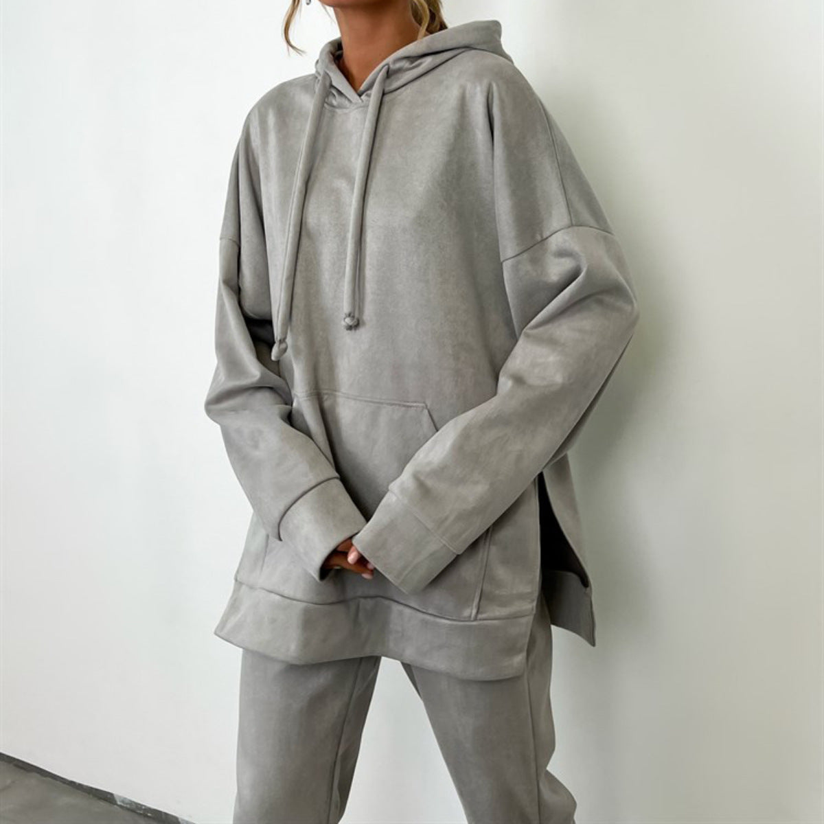 Damen sportliches Fleece-Lounge-Set mit übergroßem Hoodie und elastischen Hosen WW