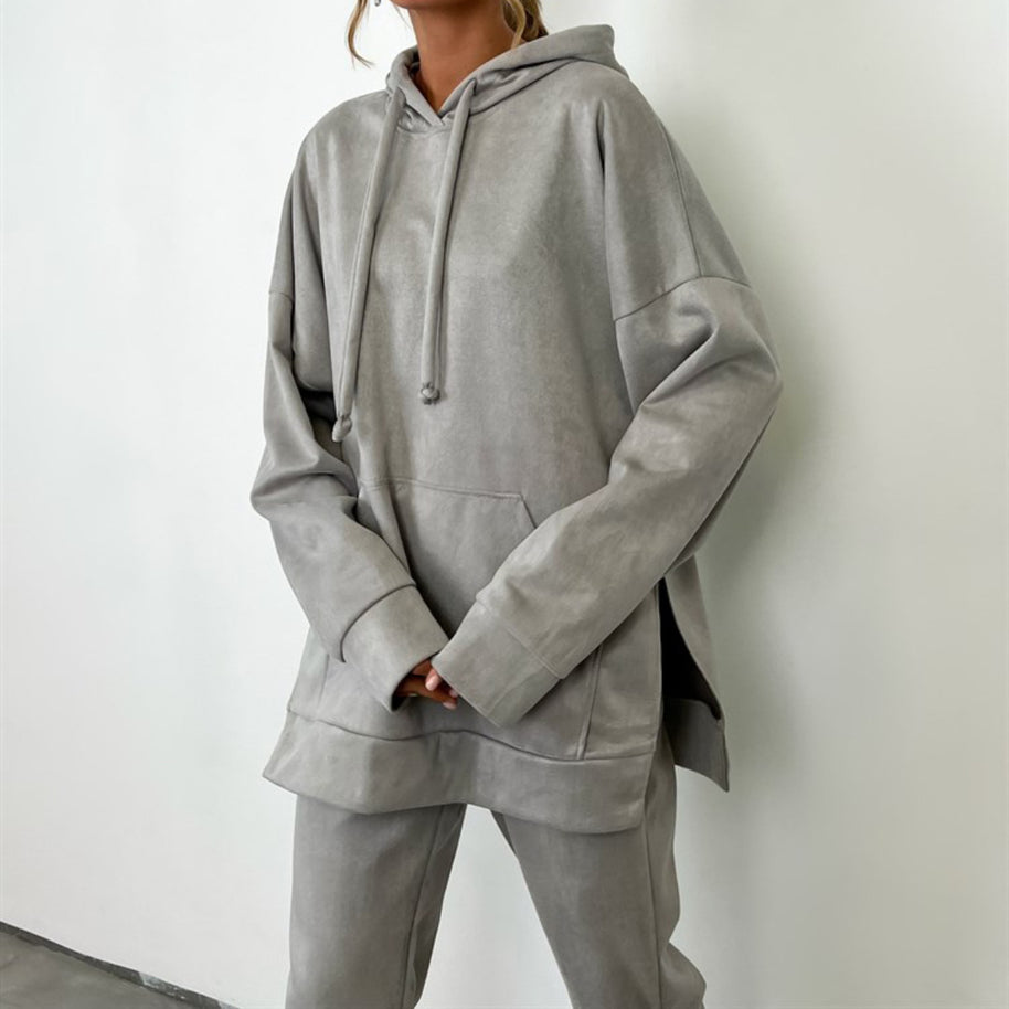 Damen sportliches Fleece-Lounge-Set mit übergroßem Hoodie und elastischen Hosen WW