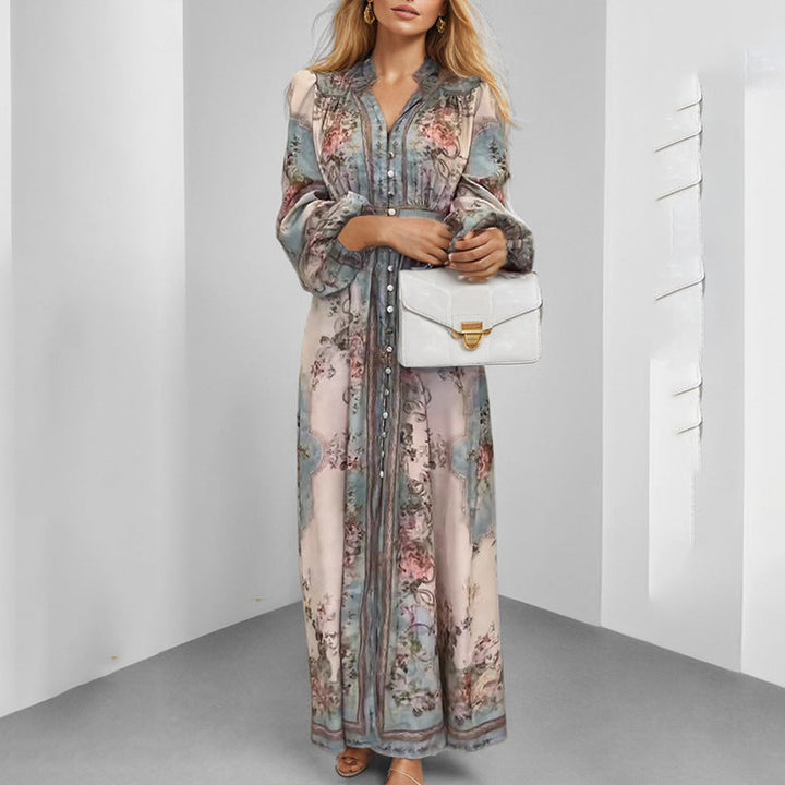Damen Elegantes Maxikleid mit kunstvollem floralem Design und tailliertem Gürtel W&W Mode