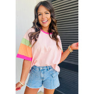 Damen lässiges T-Shirt mit bunten Ärmeln WW