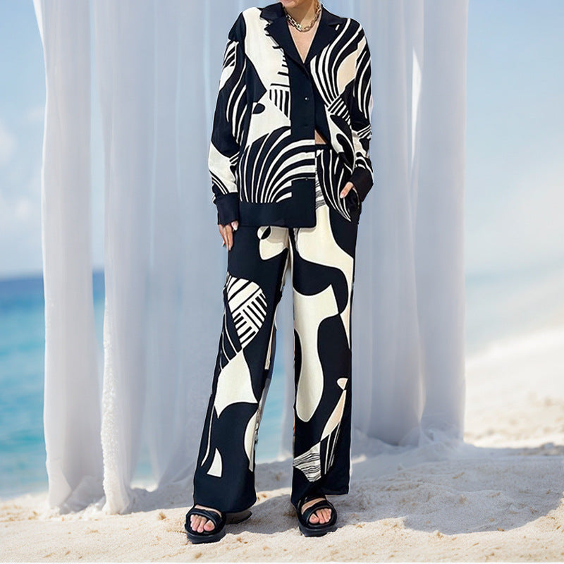 Damen Elegantes Lounge-Set mit artsy Motiv und weitem Schnitt WW