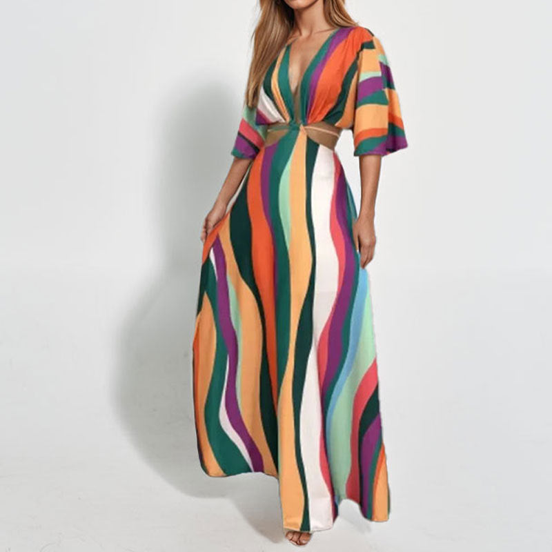Damen Maxi-Kleid mit tiefem V-Ausschnitt und Wellenmuster W&W Mode