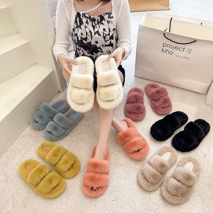 Damen Flauschige Hausschuhe mit doppeltem Riemen und weichem Innenfutter W&W Mode
