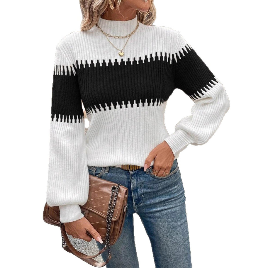 Damen Strickpullover mit lässigem Stehkragen und geometrischem Rippmuster WW