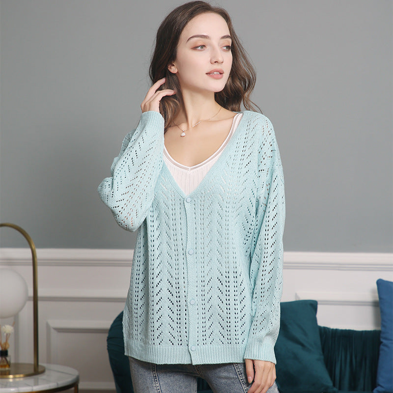 Damen Strickcardigan mit luftiger Lochmusterung und V-Ausschnitt WW