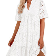 Damen luftiges Midikleid mit romantischem Lochmuster und V-Ausschnitt WW