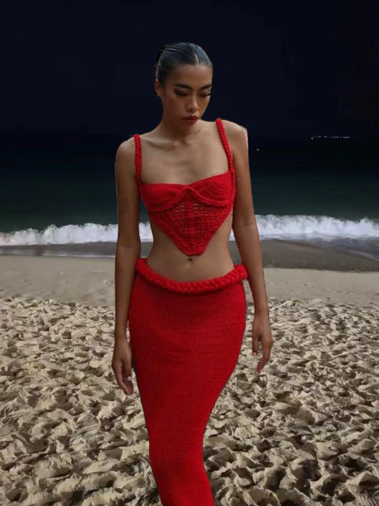 Damen Set aus gehäkeltem Crop-Top und Bleistiftrock WW