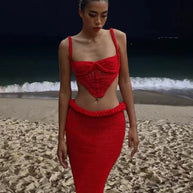 Damen Set aus gehäkeltem Crop-Top und Bleistiftrock WW