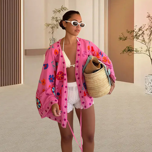 Damen Strandkimono mit buntem Blumenmuster und lässigem Schnitt WW