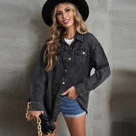 Damen Denim-Hemdjacke mit abgerundetem Saum und abnehmbaren Taschen WW