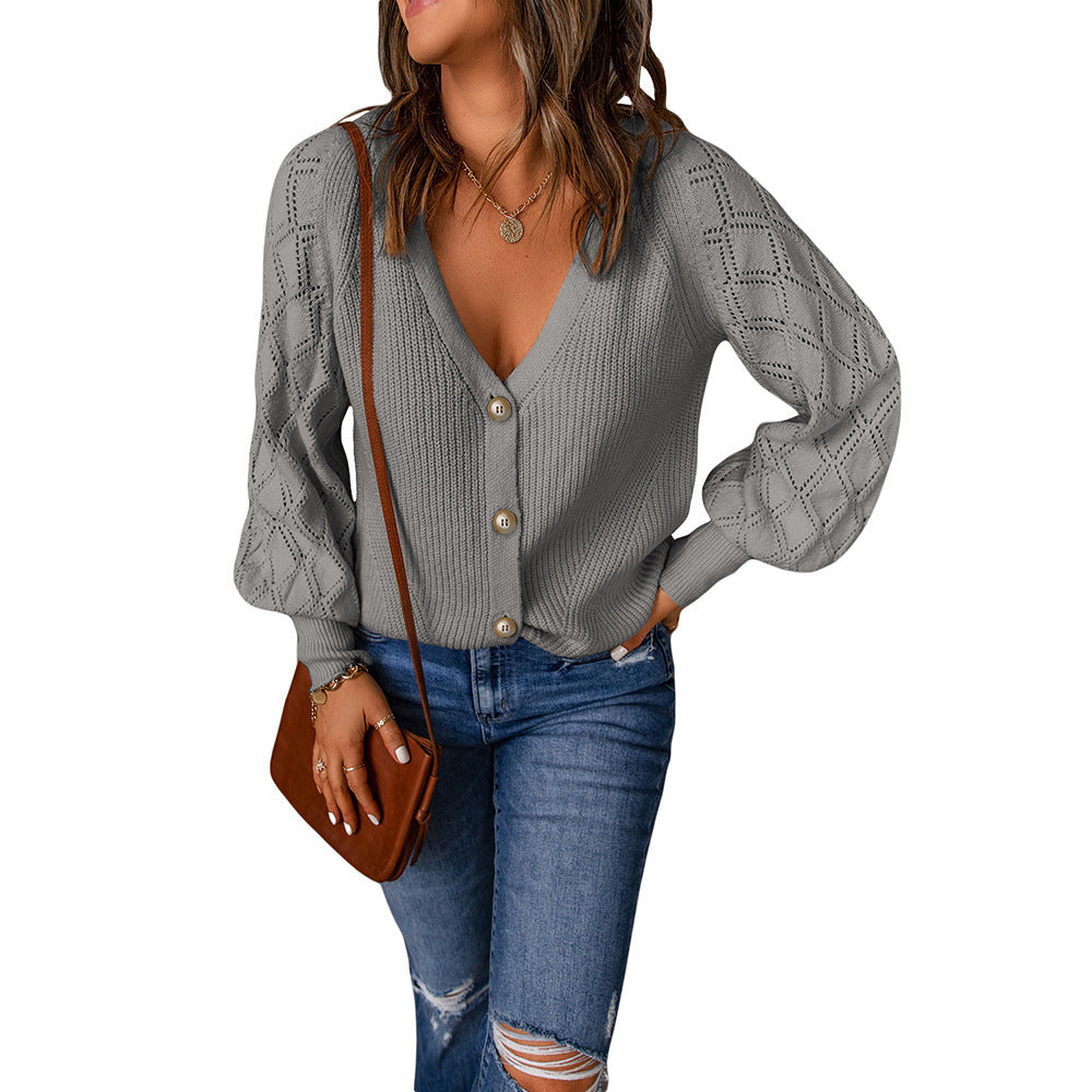 Damen Strickjacke mit V-Ausschnitt und Puffärmeln WW