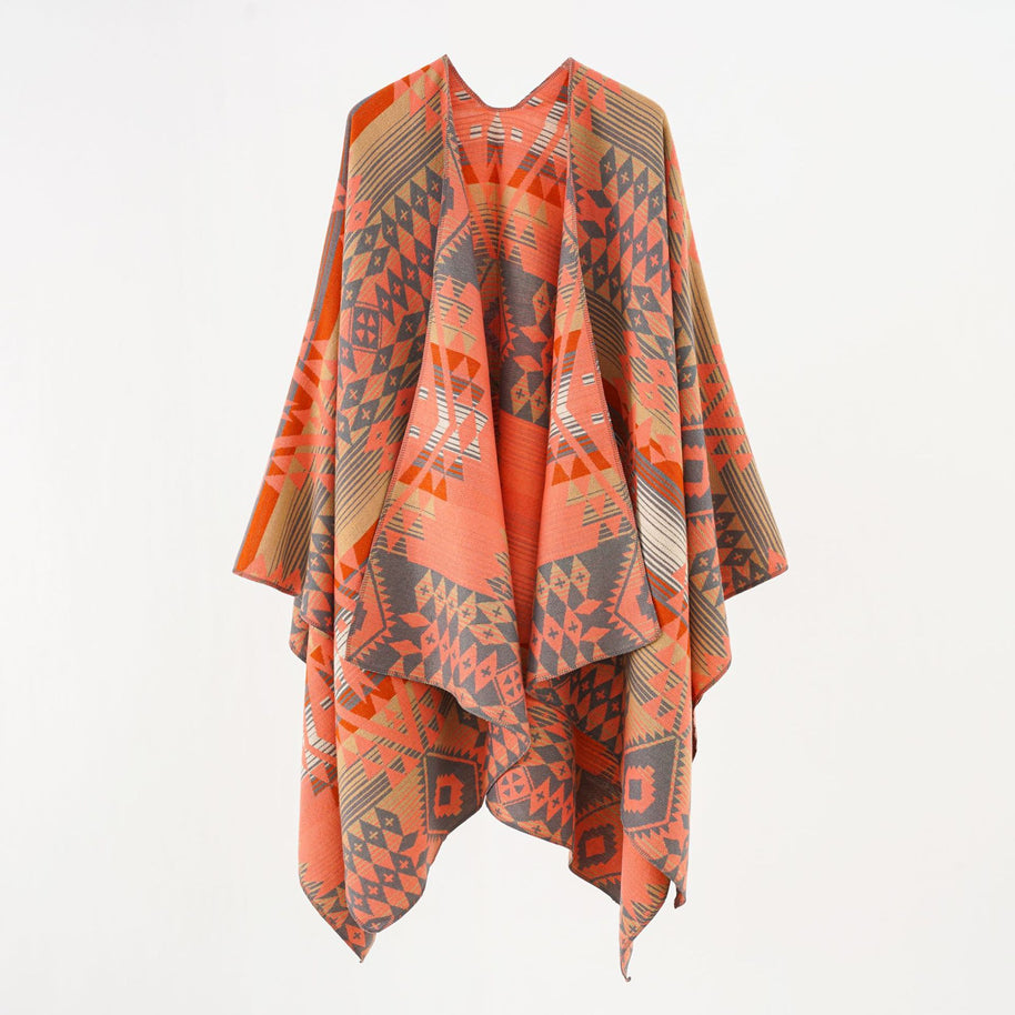 Damen Geometrischer Überwurfponcho mit warmem Material und trendiger Musterung WW