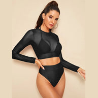 Damen Sport-Bikini-Set mit Langarm-Oberteil und Hoher Taille WW
